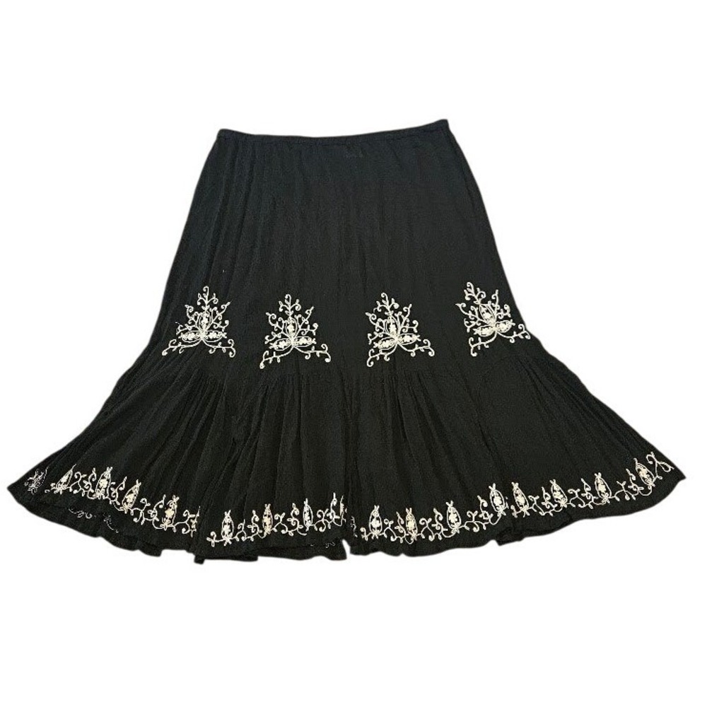 Bila Black Embroidered Sequin Rayon Midi Skirt Boho Tiered Ruffle Women Large